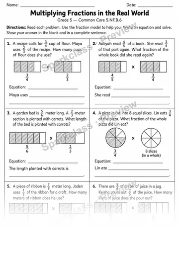 6 Multiply Fraction Word Problems Variant 2 — Grade 5 worksheet preview