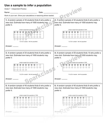 Use a sample to infer a population — Independent Practice — Grade 7 worksheet preview
