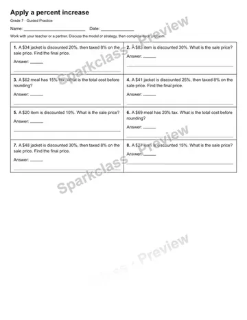 Apply a percent increase — Guided Practice — Grade 7 worksheet preview