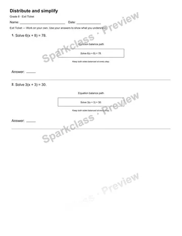 Distribute and simplify — Exit Ticket — Grade 8 worksheet preview