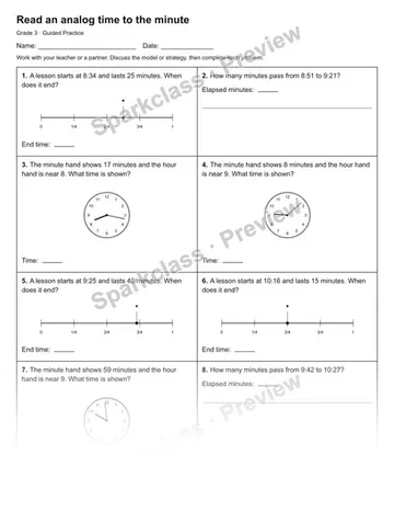 Read an analog time to the minute — Guided Practice — Grade 3 worksheet preview