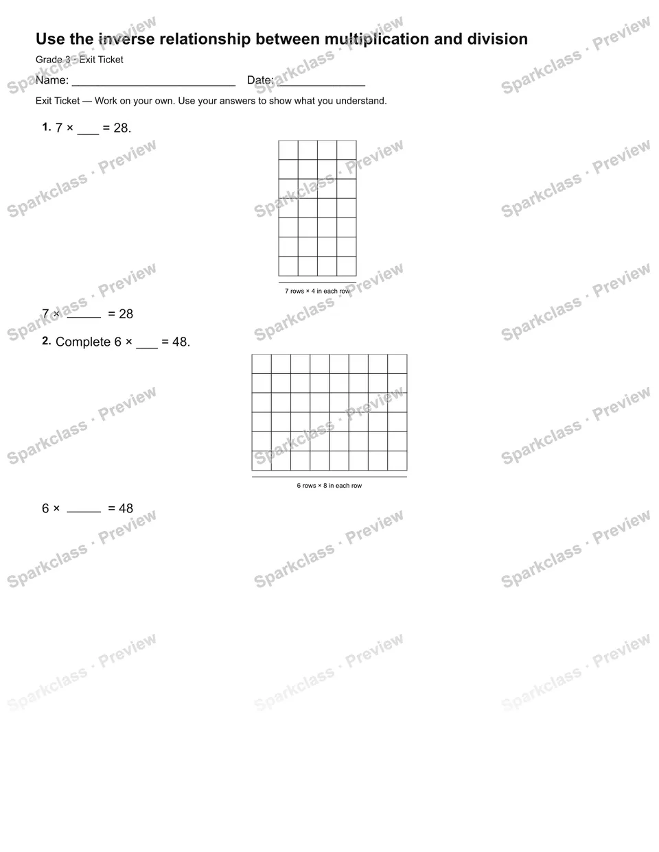 Use the inverse relationship between multiplication and division — Exit Ticket — page 1