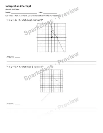 Interpret an intercept — Exit Ticket — Grade 8 worksheet preview