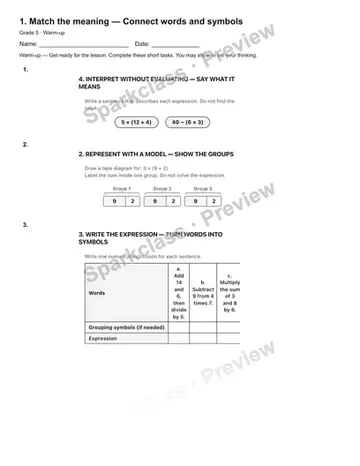 1. Match the meaning — Connect words and symbols — Warm-up — Grade 5 worksheet preview