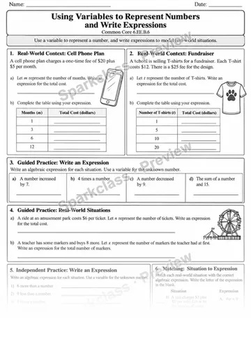 6 Variables Expressions Real World — Grade 6 worksheet preview