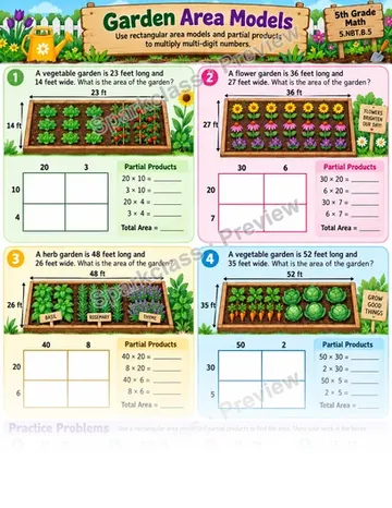 Area Models for Multiplication — Grade 5 worksheet preview