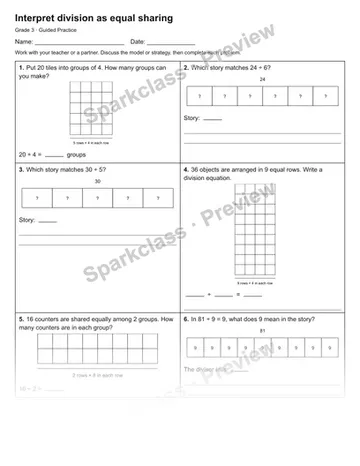 Interpret division as equal sharing — Guided Practice — Grade 3 worksheet preview