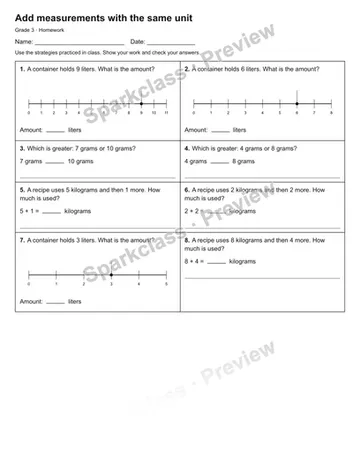 Add measurements with the same unit — Homework — Grade 3 worksheet preview
