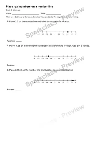 Place real numbers on a number line — Warm-up — Grade 8 worksheet preview
