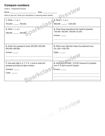 Compare numbers — Independent Practice — Grade 4 worksheet preview