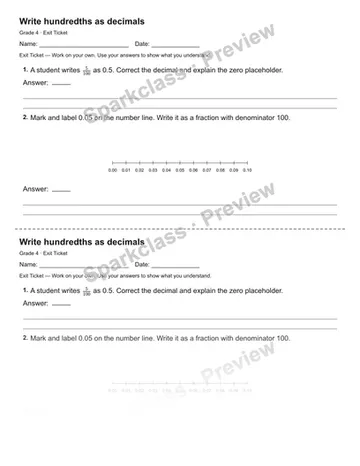 Write hundredths as decimals — Exit Ticket — Grade 4 worksheet preview