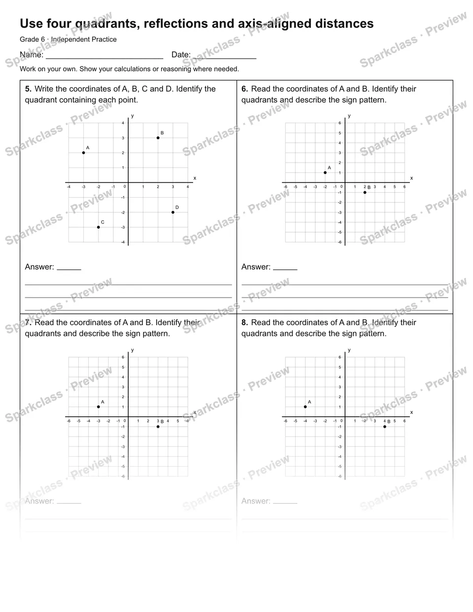 Use four quadrants, reflections and axis-aligned distances — Independent Practice — page 2