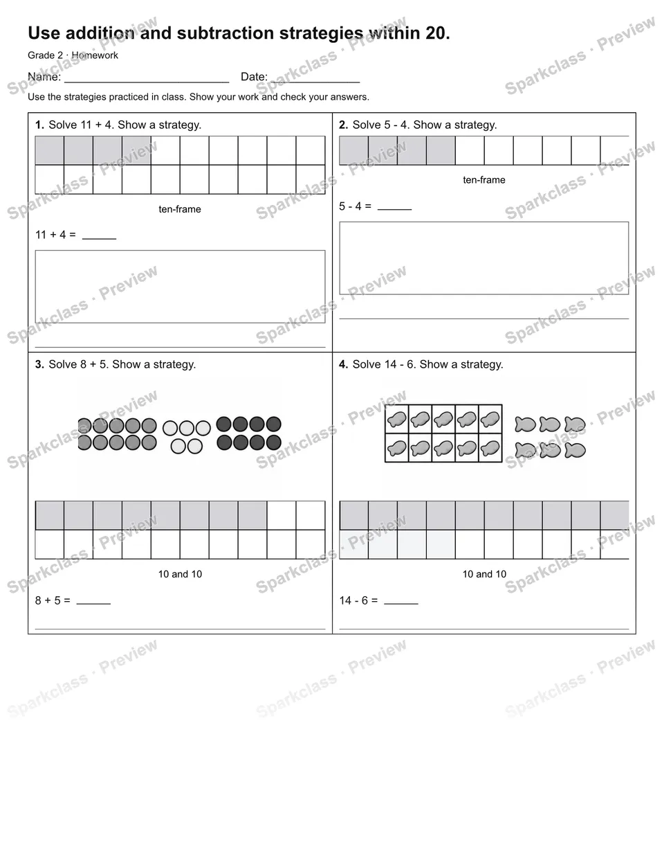 Use addition and subtraction strategies within 20. — Homework — page 1