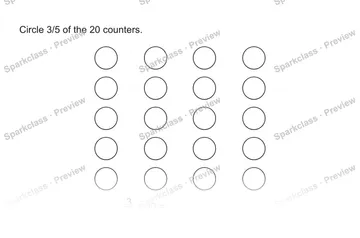 Circle 3/5 of the 20 counters. 3/5 × 20 = — Grade 5 problem preview