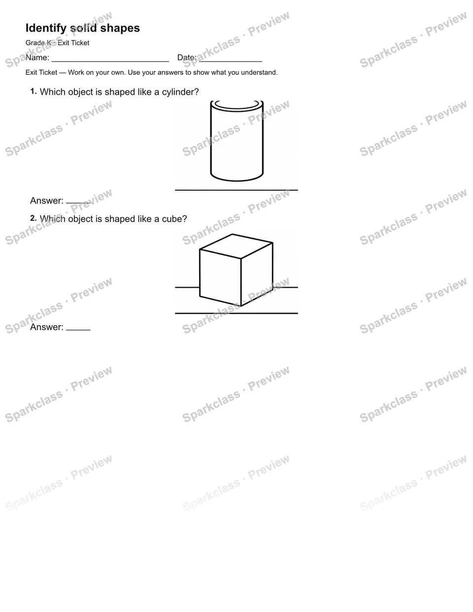 Identify solid shapes — Exit Ticket — page 1