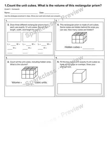 1.Count the unit cubes. What is the volume of this rectangular prism? — Homework — Grade 5 worksheet preview
