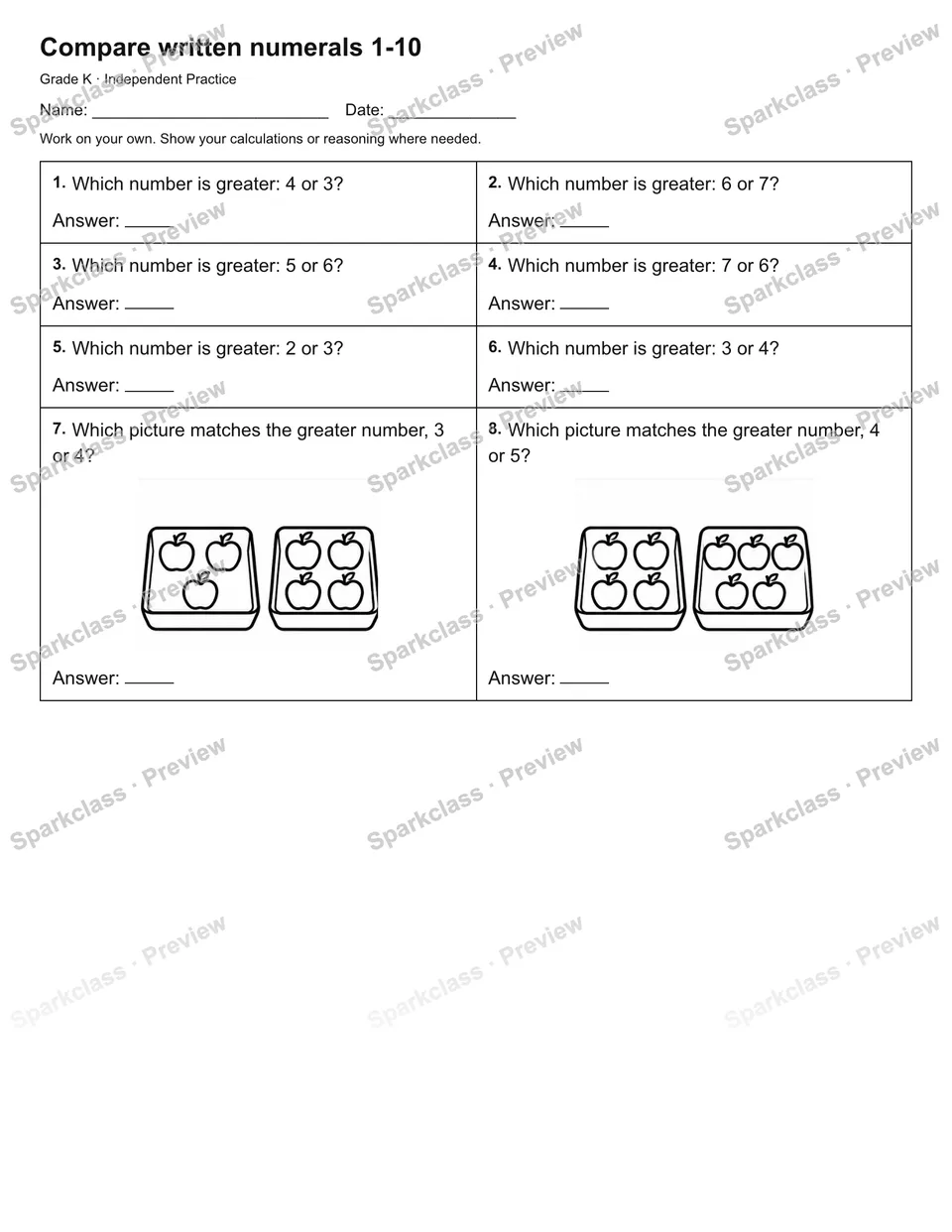 Compare written numerals 1-10 — Independent Practice — page 1
