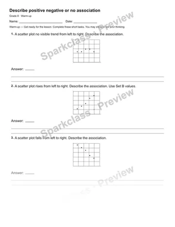 Describe positive negative or no association — Warm-up — Grade 8 worksheet preview