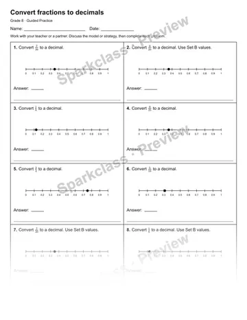 Convert fractions to decimals — Guided Practice — Grade 8 worksheet preview