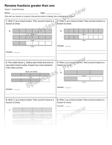 Rename fractions greater than one — Guided Practice — Grade 4 worksheet preview