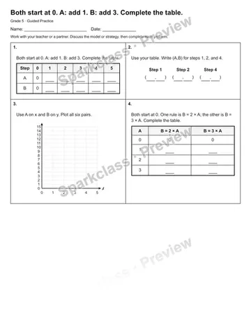 Both start at 0. A: add 1. B: add 3. Complete the table. — Guided Practice — Grade 5 worksheet preview