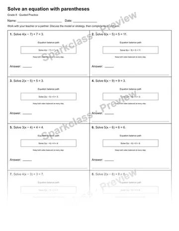 Solve an equation with parentheses — Guided Practice — Grade 8 worksheet preview