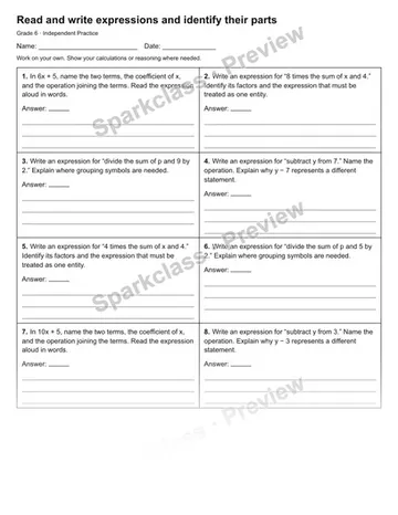 Read and write expressions and identify their parts — Independent Practice — Grade 6 worksheet preview