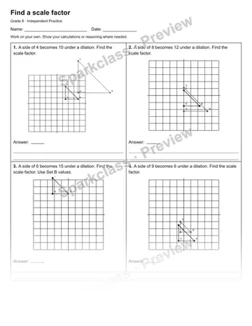 Find a scale factor — Independent Practice — Grade 8 worksheet preview