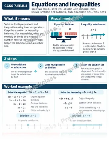 Knowledge Guide · Use equations and inequalities to solve problems — Grade 7 worksheet preview
