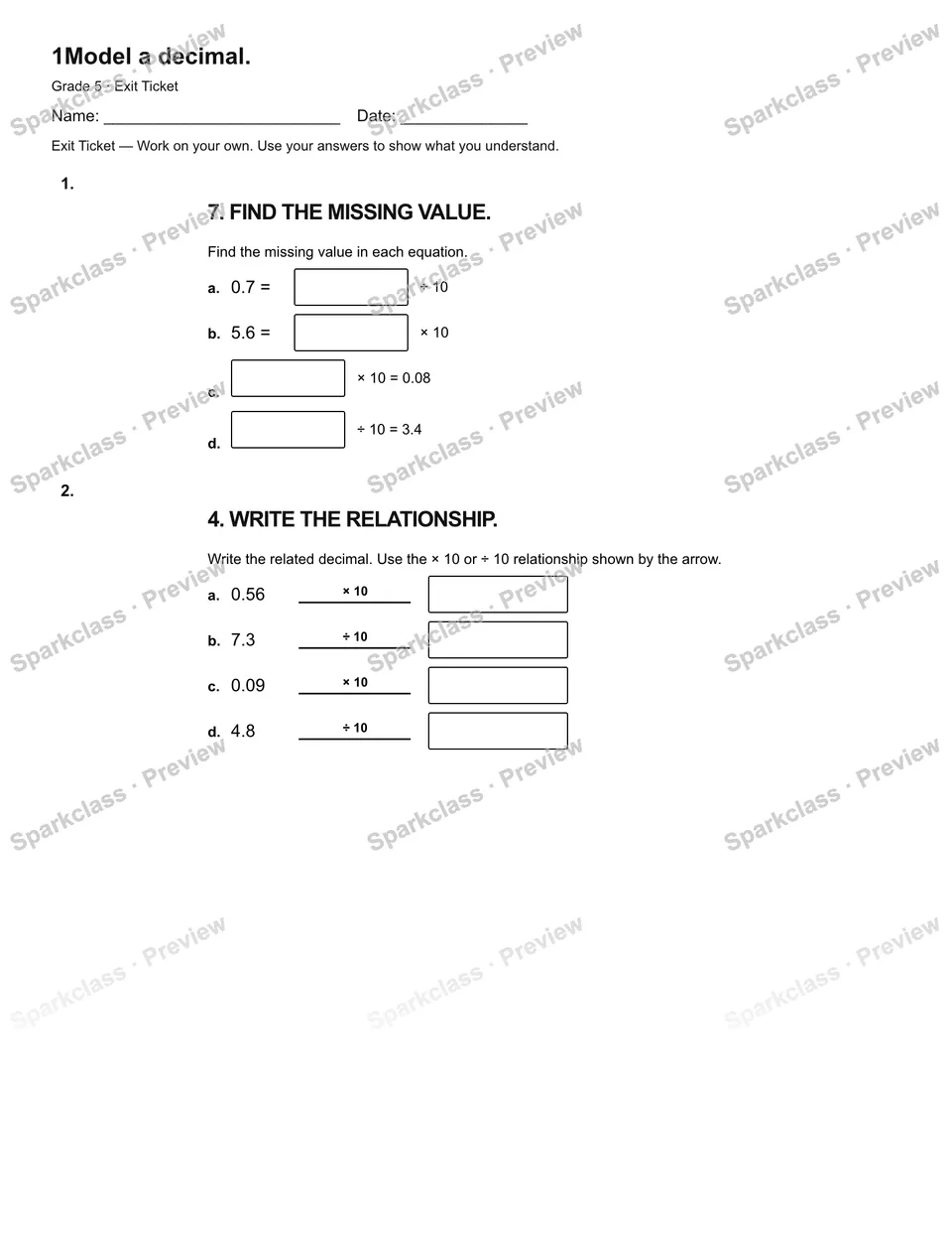 1Model a decimal. — Exit Ticket — page 2