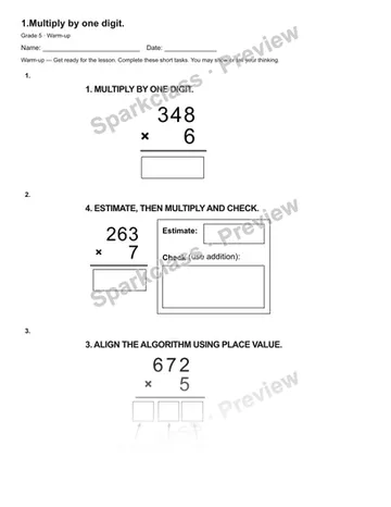 1.Multiply by one digit. — Warm-up — Grade 5 worksheet preview