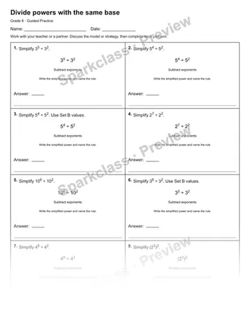 Divide powers with the same base — Guided Practice — Grade 8 worksheet preview