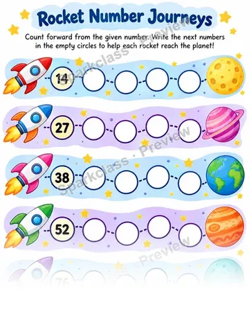 Count Forward · Rocket Number Journeys — Kindergarten worksheet preview