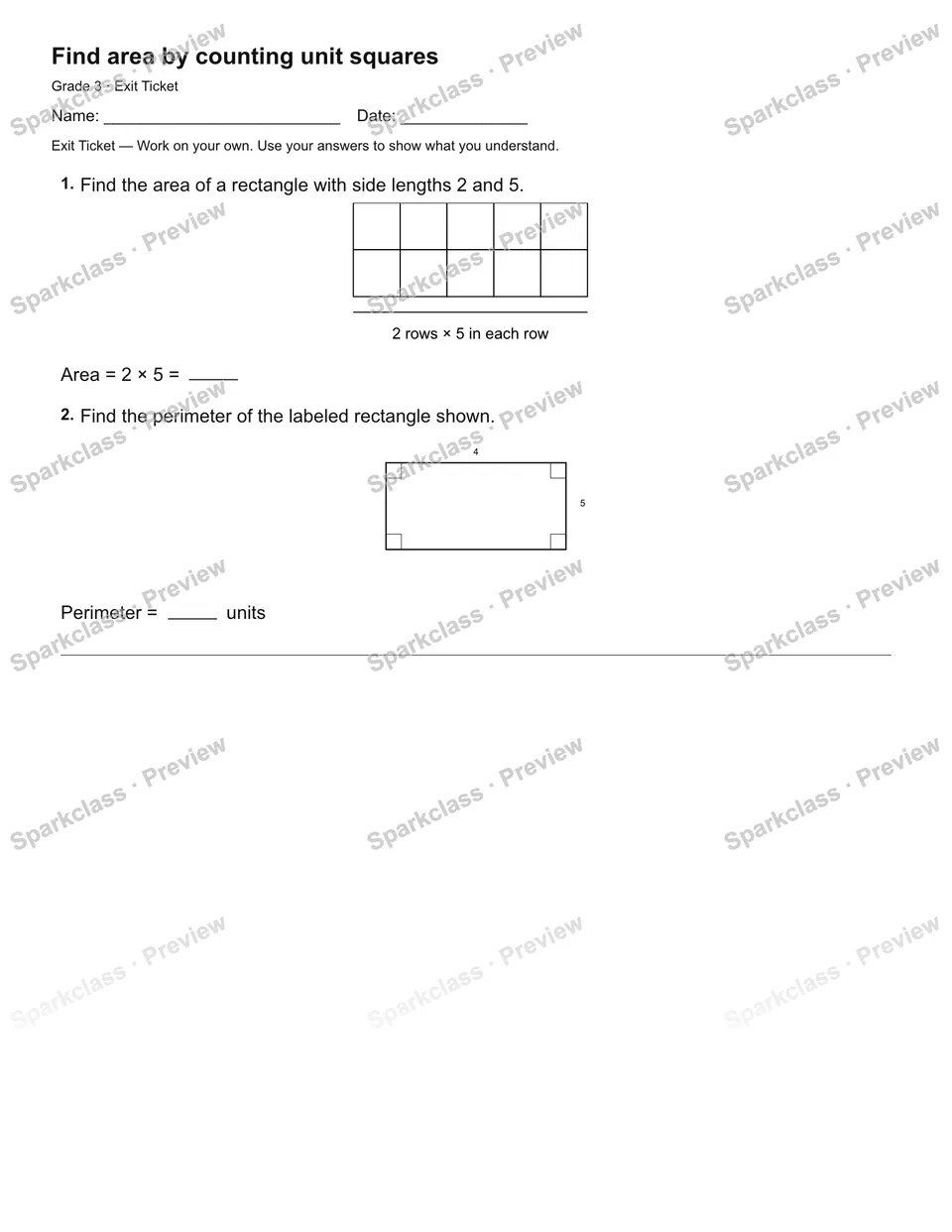 Find area by counting unit squares — Exit Ticket — page 1