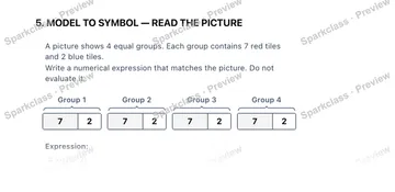 5. MODEL TO SYMBOL — READ THE PICTURE A picture shows 4 equal groups. Each group contains 7 red tiles and 2 blue tiles. Write a numerical expression that matches the picture. Do no — Grade 5 problem preview