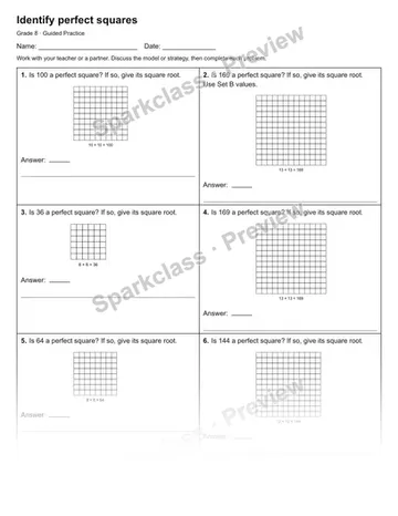 Identify perfect squares — Guided Practice — Grade 8 worksheet preview