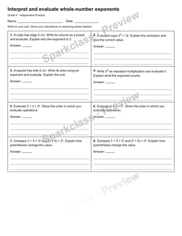 Interpret and evaluate whole-number exponents — Independent Practice — Grade 6 worksheet preview