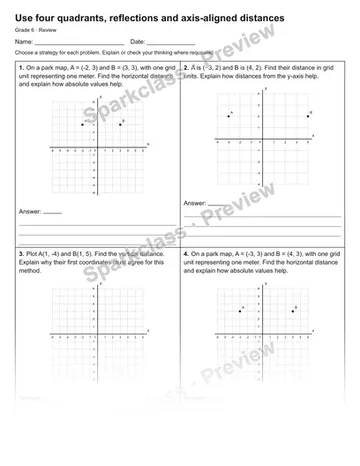 Use four quadrants, reflections and axis-aligned distances — Review — Grade 6 worksheet preview