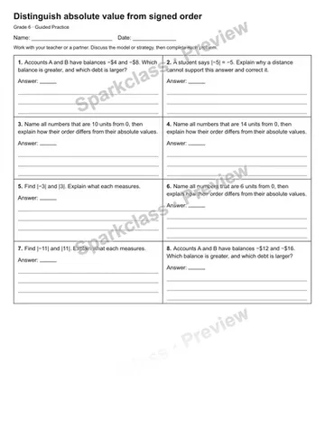 Distinguish absolute value from signed order — Guided Practice — Grade 6 worksheet preview