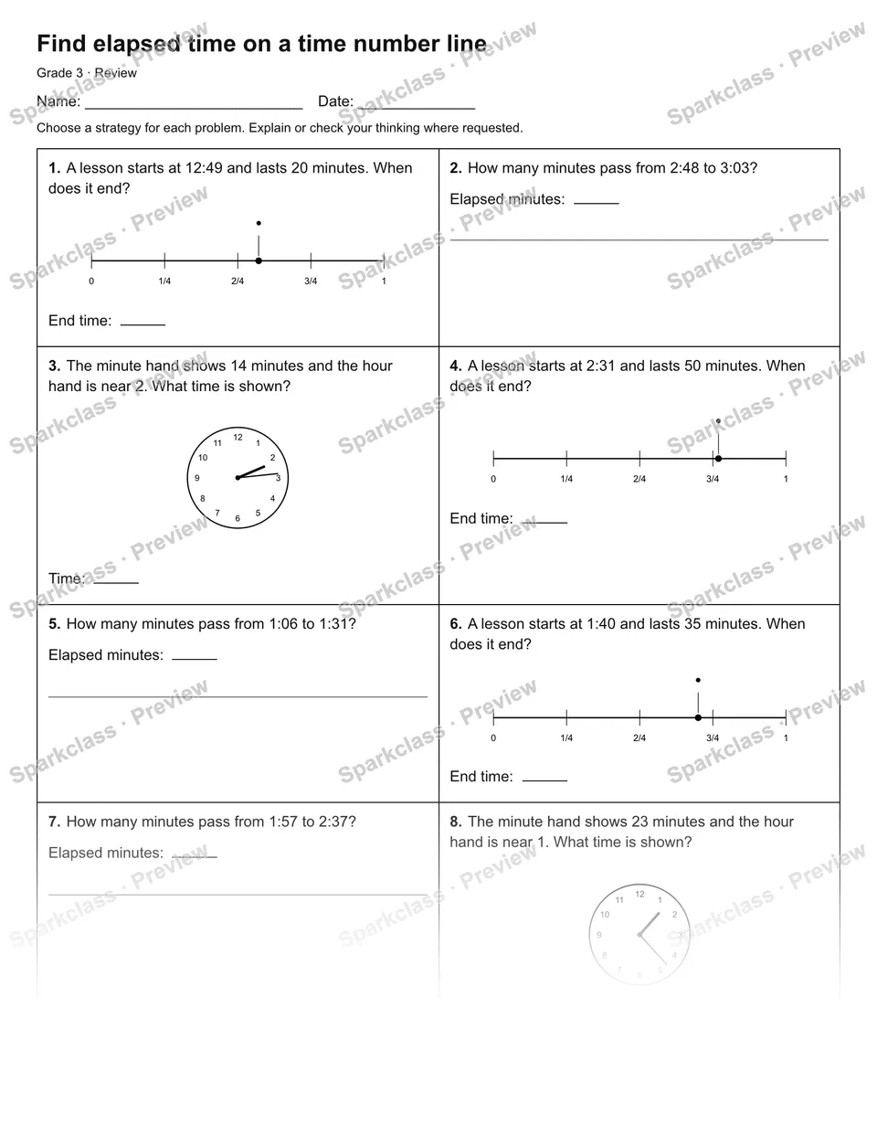 Find elapsed time on a time number line — Review — page 1