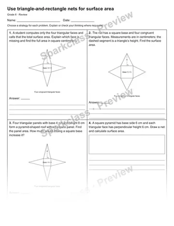 Use triangle-and-rectangle nets for surface area — Review — Grade 6 worksheet preview