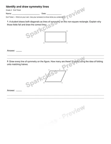 Identify and draw symmetry lines — Exit Ticket — Grade 4 worksheet preview