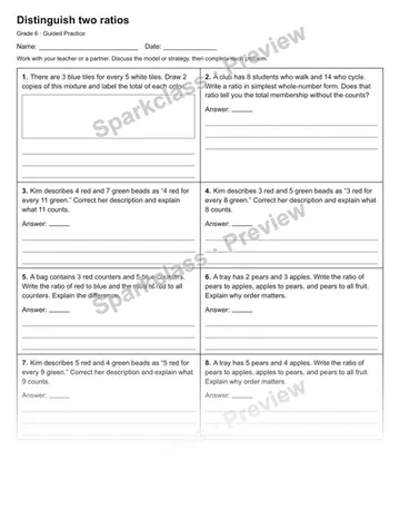 Distinguish two ratios — Guided Practice — Grade 6 worksheet preview