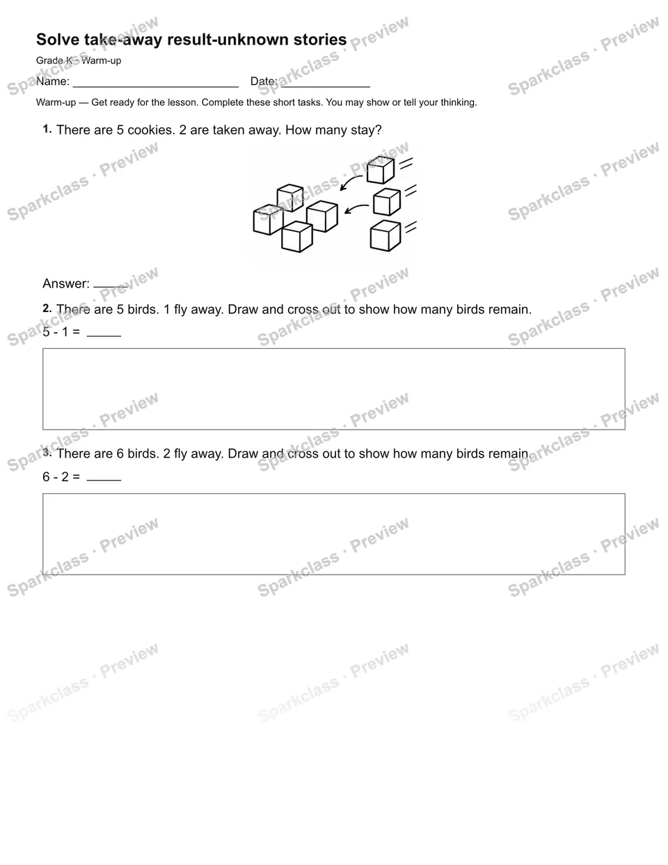 Solve take-away result-unknown stories — Warm-up — page 1