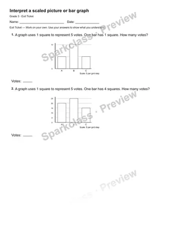 Interpret a scaled picture or bar graph — Exit Ticket — Grade 3 worksheet preview