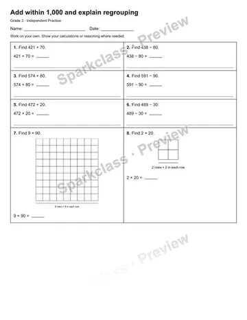 Add within 1,000 and explain regrouping — Independent Practice — Grade 3 worksheet preview