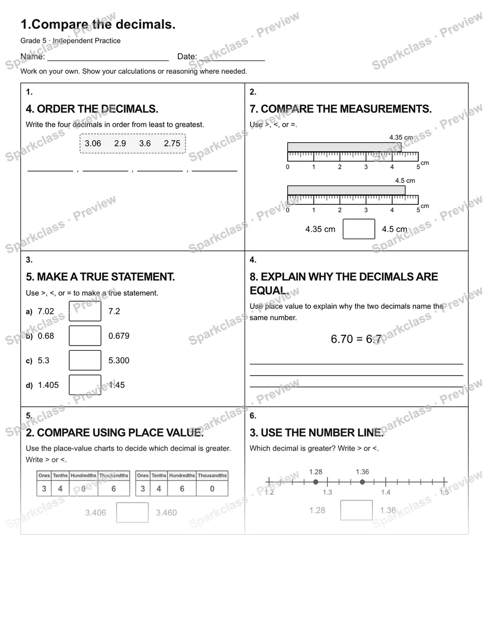 1.Compare the decimals. — Independent Practice — page 1
