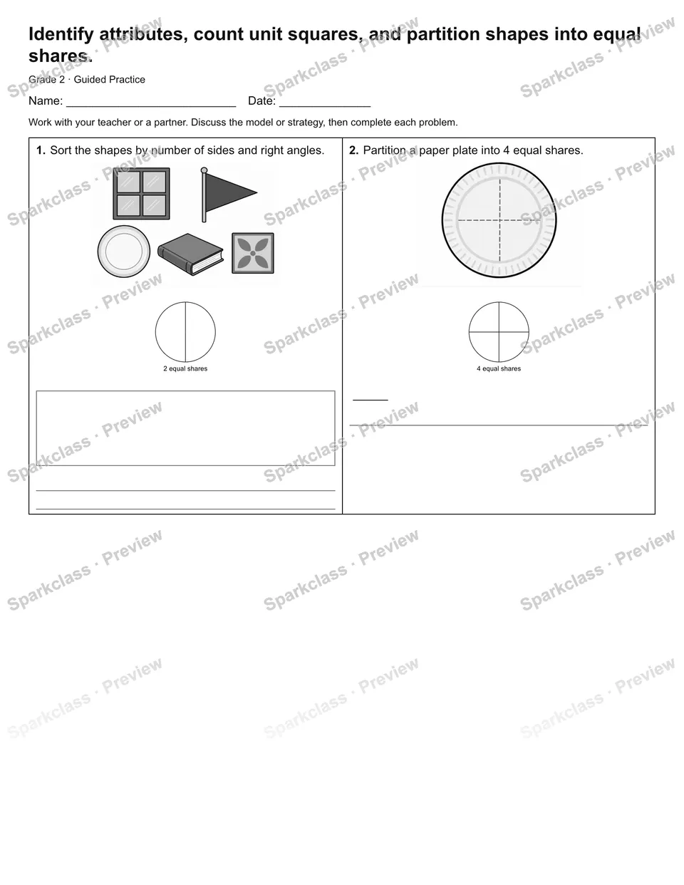 Identify attributes, count unit squares, and partition shapes into equal shares. — Guided Practice — page 1