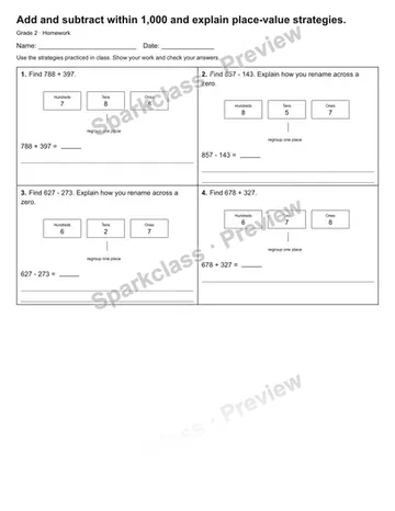 Add and subtract within 1,000 and explain place-value strategies. — Homework — Grade 2 worksheet preview