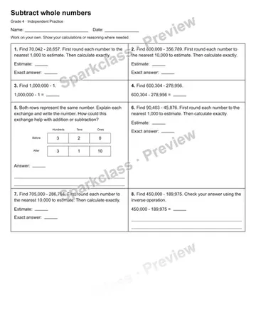 Subtract whole numbers — Independent Practice — Grade 4 worksheet preview